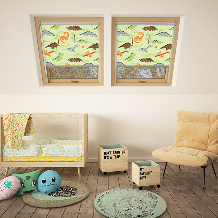 Blackout Blinds: A children’s bedroom with dinosaur print skylight blinds