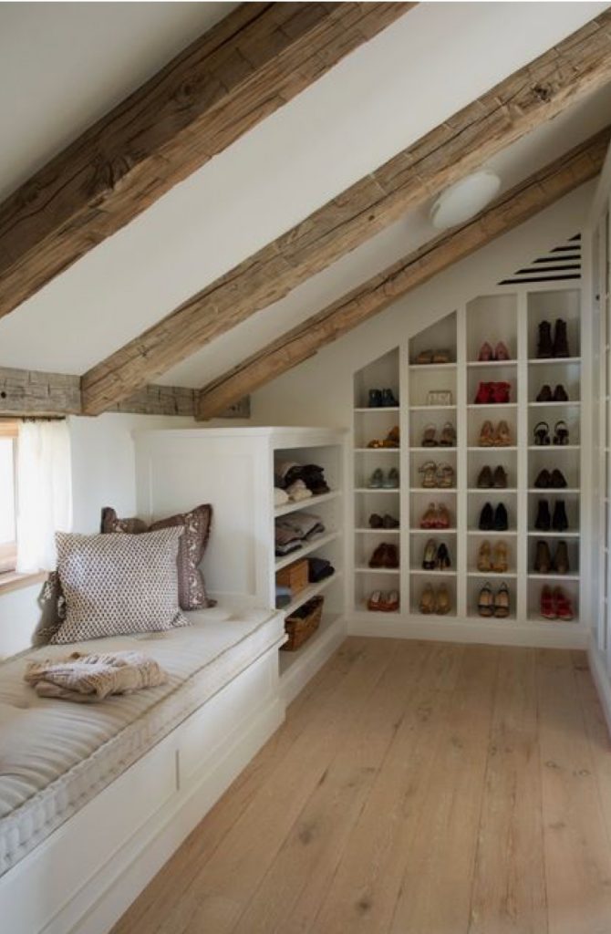 An image showing a rustic loft conversion layout with ample shoe storage space