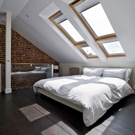 An image showing a loft conversion bedroom with large skylight windows