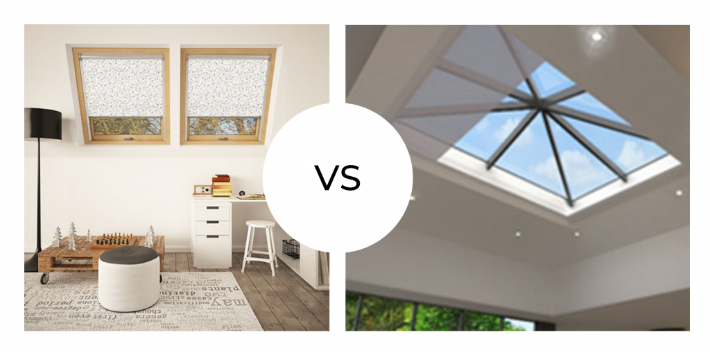 An image showing the difference between skylight blinds and roof lantern blinds