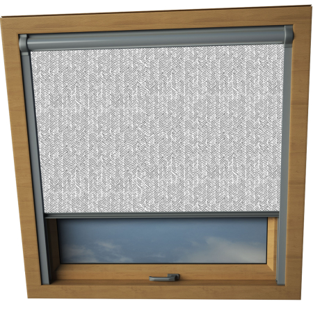 Chevron Grey Roto Skylight Window Blinds Silver Frame Detail