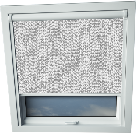 Chevron Grey Roto Skylight Window Blinds White Frame Detail