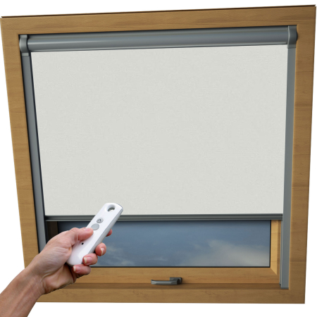 Pale Grey Duratech Skylight Electric Window Blinds Silver Frame Detail