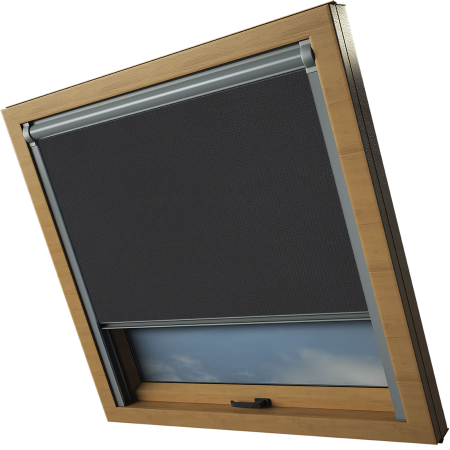 Shower Proof Black Dakea Skylight Electric Window Blinds Silver Frame Side Detail