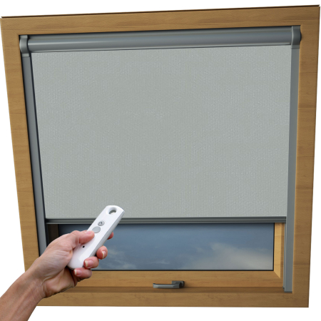 Shower Proof Grey VELUX Skylight Electric Window Blinds Silver Frame Detail