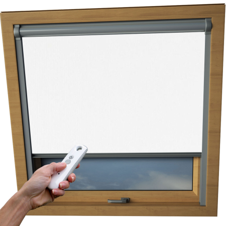 Shower Proof White VELUX Skylight Electric Window Blinds Silver Frame Detail